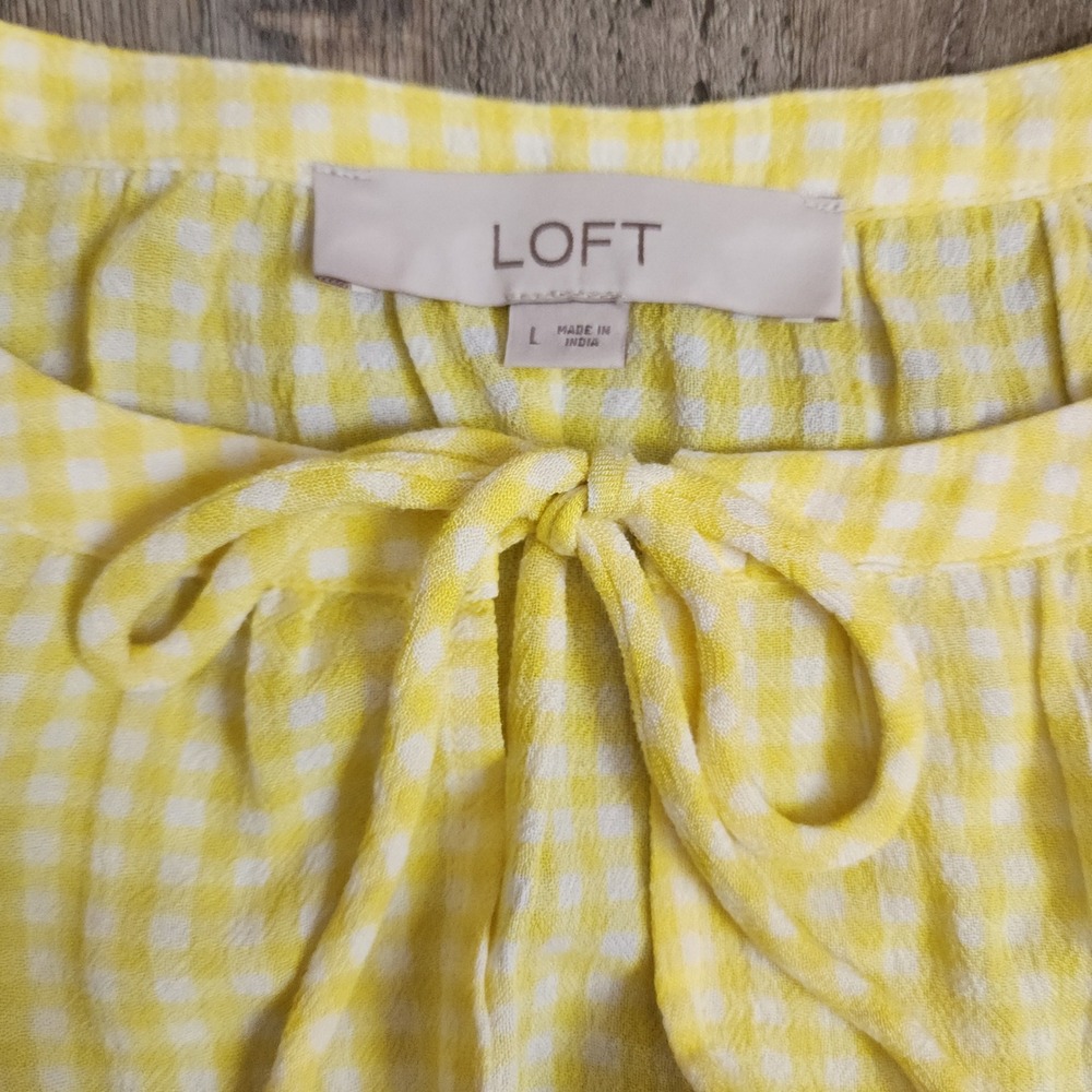 LOFT Halter Top Womens Large Yellow Gingham Keyhole Tie Peplum Blouse - Picture 2 of 6